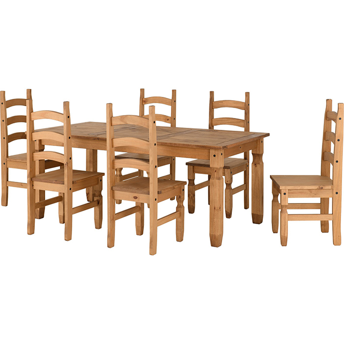 Corona 6' Dining Set With 6 Distressed Waxed Pine Dining Chairs